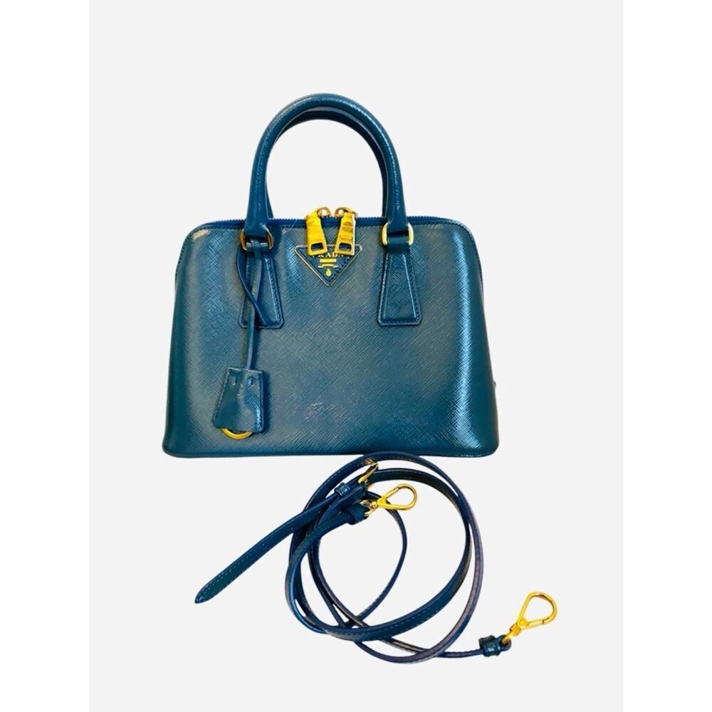 Prada Azzuro Saffiano Vernice Leather Bowler Double-Top Handle Lux Promenade Bag